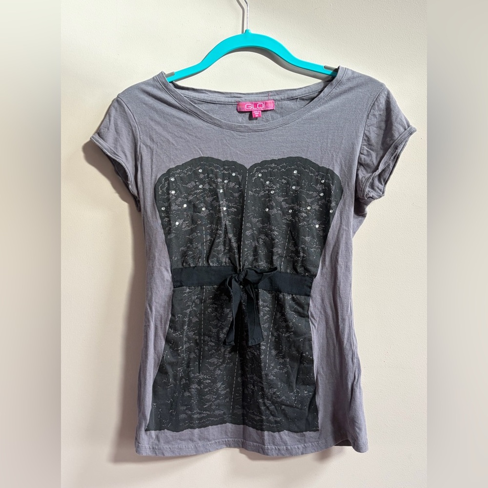 GLO Y2K Faux Lace Corset Motif Cotton Tee Shirt Top, Vintage Junior XL T-Shirt